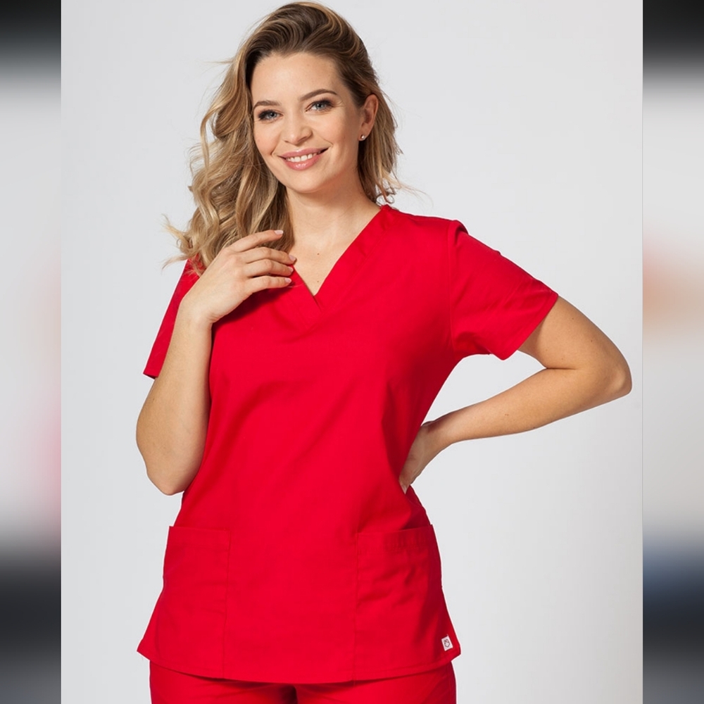 New Women's Red Panda Deep Red V-neck Scrub Top With Pockets Size Small